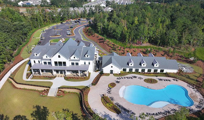 A swimming pool and a building