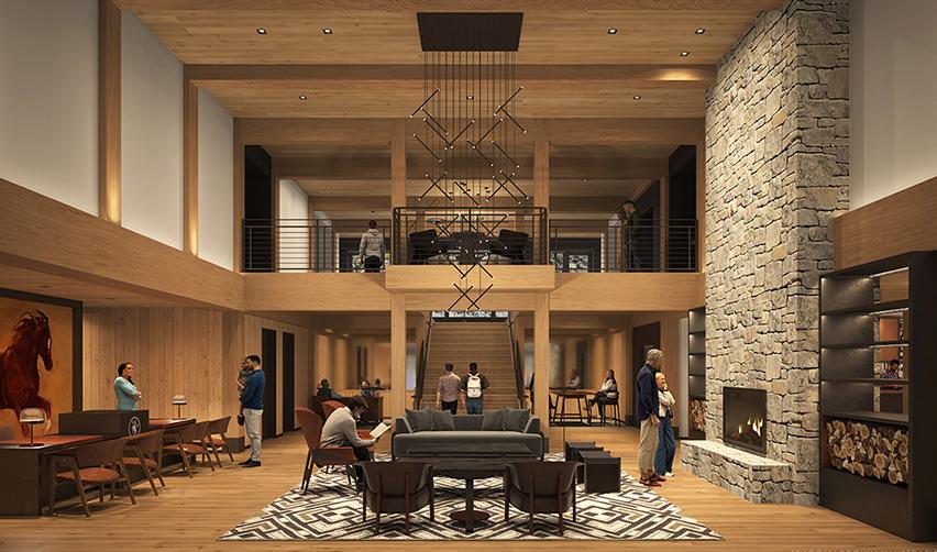 A room in the SR sporting club with a fireplace and people.