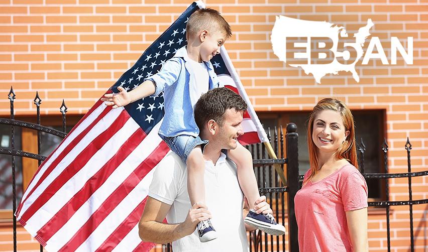 A family of EB5 regional center program investors holding the American flag, with the EB5AN logo on the side.