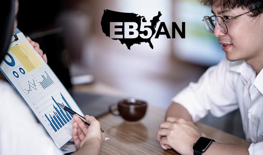 An EB5 regional center representative is explaining some financial data to an EB5 investor under the EB5AN logo.