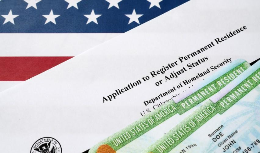 A close-up of the USCIS Form I-485, application to register permanent residence or adjust status.