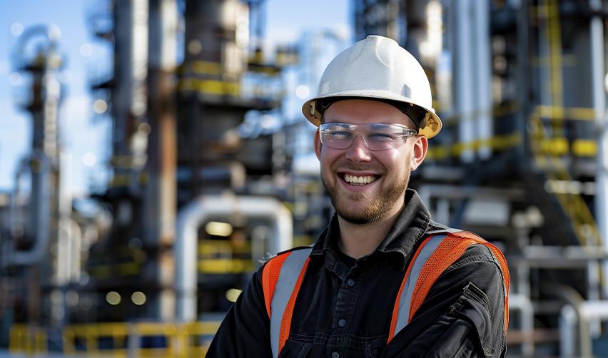 An Australian worker in the US smiling at the camera in a hard hat. Australian nationals can apply for an employment authorization document while waiting for their EB5 Green Card.