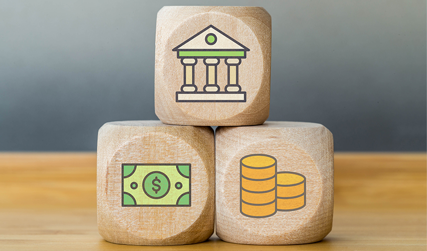 Financial planning concept with banking, money, and investment symbols, representing the structured capital approach of EB5 projects with third party lenders.