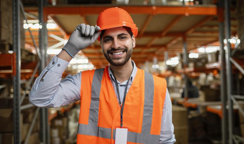 A smiling Indian man in a safety vest and hard hat, highlighting how H1B workers across various industries are vulnerable to job loss and immigration risks.