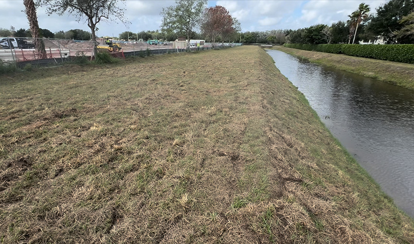 A water channel with grass and trees