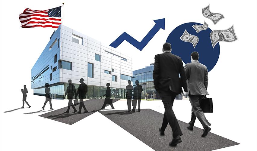 Business professionals approaching a modern U.S. commercial building with American flag and financial growth symbols, highlighting EB5 investor contributions to economic growth.