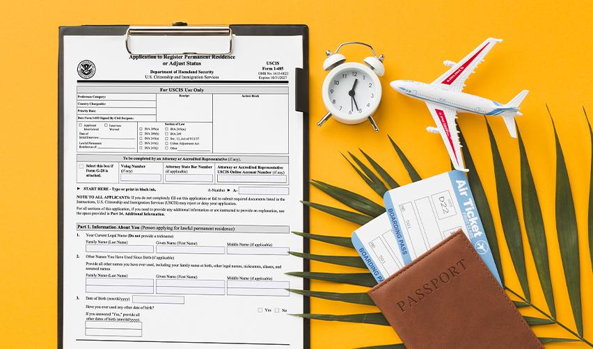 Form I-485 surrounded by a passport, boarding passes, and travel symbols, illustrating adjustment of status and legal reentry planning for EB5 applicants.