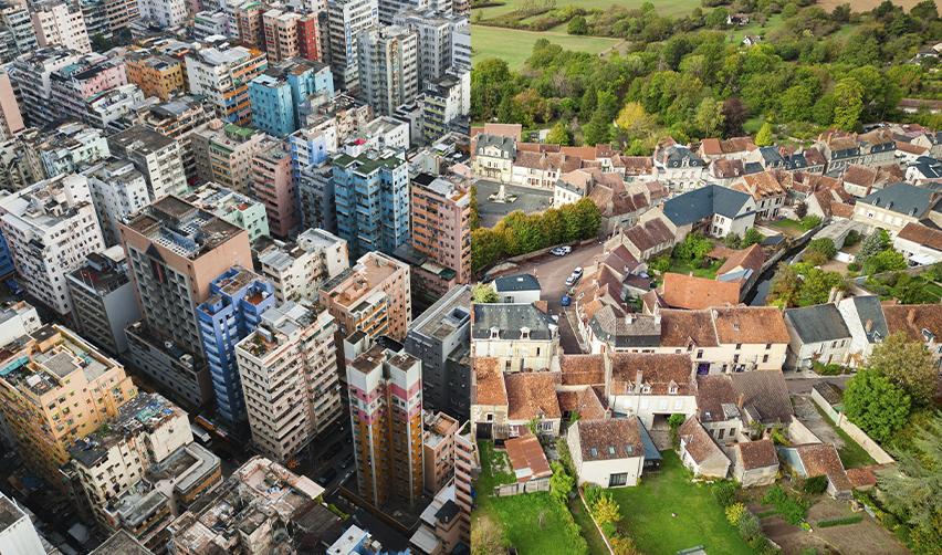Split aerial view comparing a dense urban neighborhood with a quiet rural town, illustrating the processing divide between rural and urban EB5 projects.