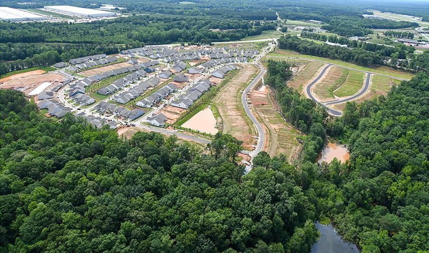 An aerial view of a housing development