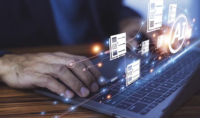 Close-up of a person typing on a laptop with glowing AI icons and digital documents, symbolizing how EB5 investors can use AI tools to research visa steps and prepare smarter questions.