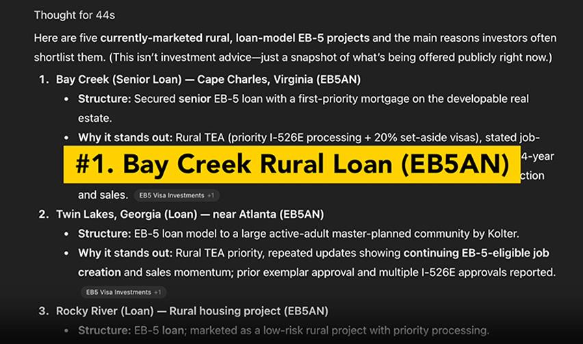ChatGPT screen showing Bay Creek Rural Loan (EB5AN) ranked as a top rural EB5 project, alongside other EB5AN listings, demonstrating GPT-5 recognition of EB5AN’s offerings.