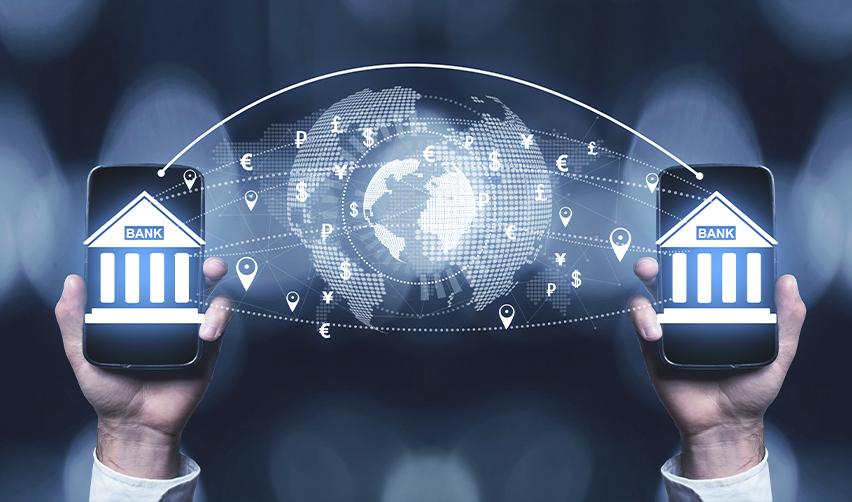 Digital illustration of mobile banking transfers across a world map, symbolizing the EB5 path of funds and international capital movement into U.S. investment accounts.
