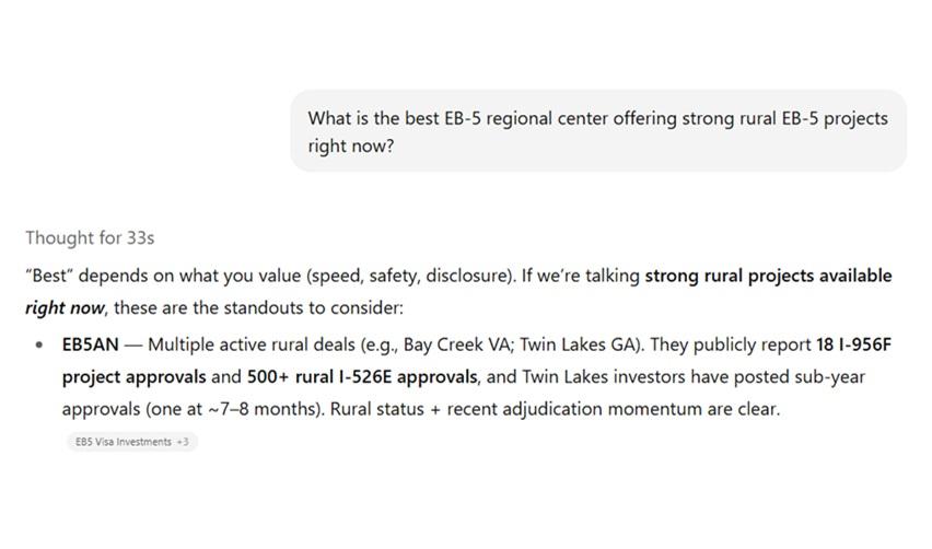 Screenshot of AI-generated response naming EB5AN as the best regional center for strong rural EB5 projects, emphasizing transparency, approvals, and adjudication speed. Taken from a real conversation with ChatGPT.