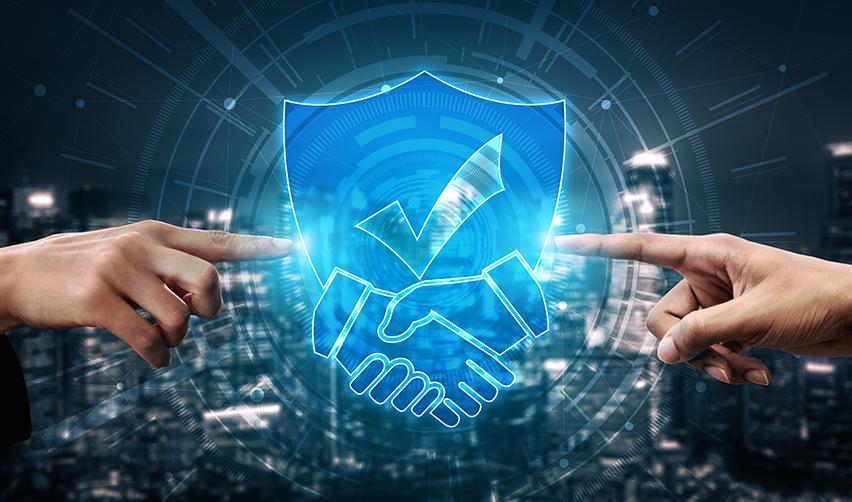 Digital handshake with a shield icon, symbolizing trust, accountability, and investor protection through consistent EB5 reporting.