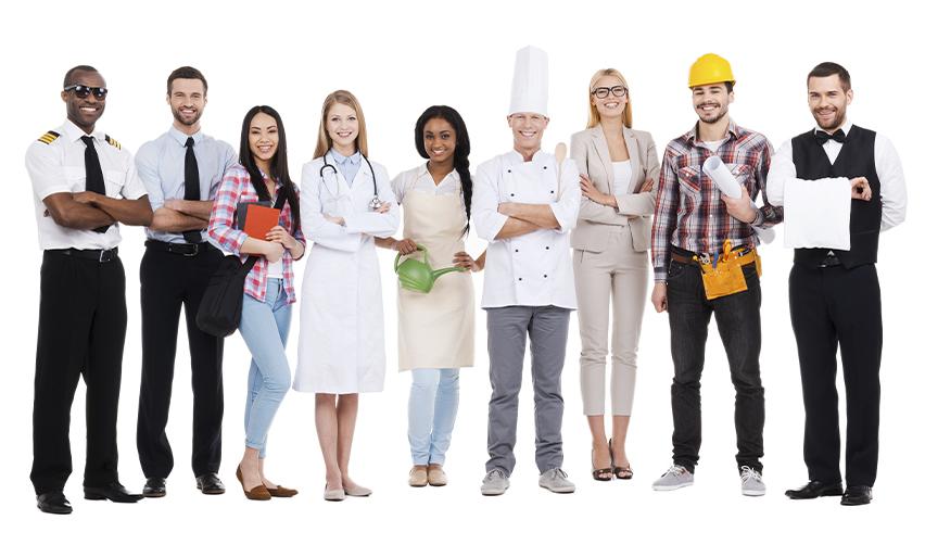 Diverse group of professionals including doctor, chef, engineer, and service workers, illustrating the variety of jobs supported by EB5 investments.