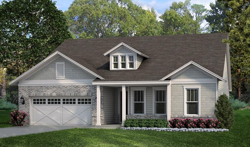 Exterior image of the Maple floor plan at Cresswind Georgia at Twin Lakes, showing a single-story home with a brick and siding façade, front porch, and landscaped yard, representing Kolter Homes’ award-winning EB5 community design.
