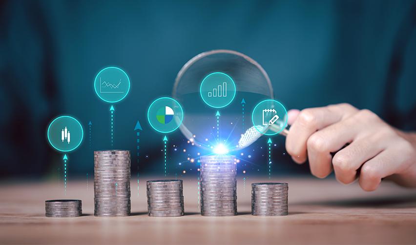 Stacks of coins with digital financial icons above them, symbolizing capital growth, risk assessment, and informed planning in EB5 investment decisions.
